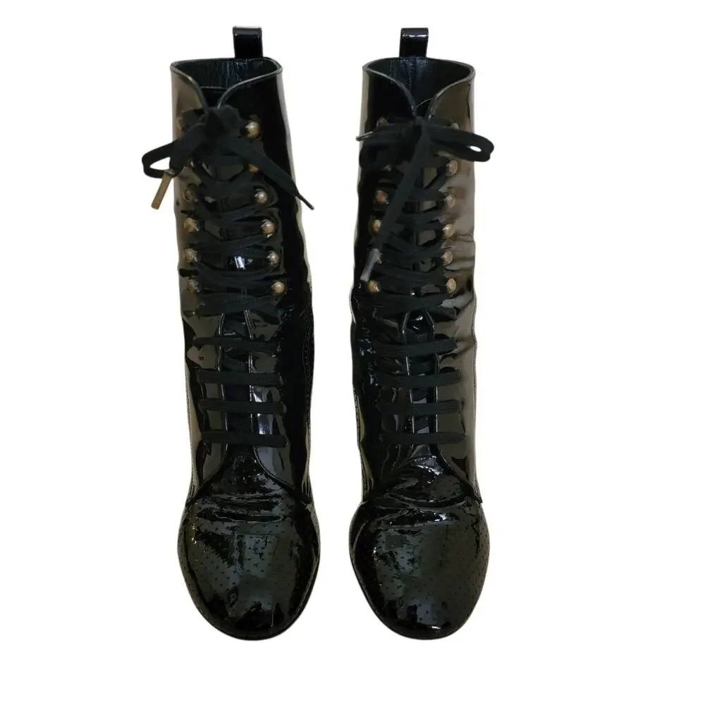 Chanel Ankle Boots Vintage Patent Leather Black Logo CC Lace-Up Heels IT 37.5 7